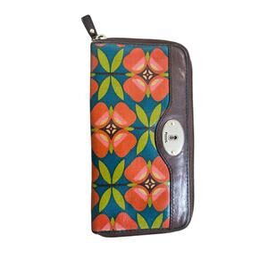 Authentic FOSSIL Key Per Zip Around Wallet, Coated Canvas with leather trim